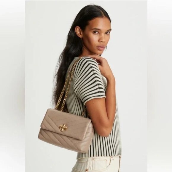 Tory Burch Small KIRA Chevron Shoulder Nappa Leather Bag Devon Sand $548 - Picture 1 of 13